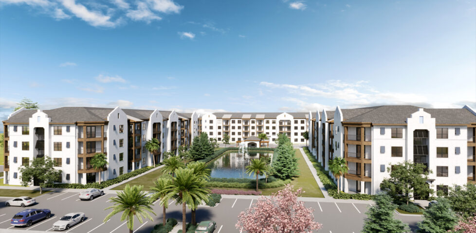 Exterior of Apartments surrounding a lake and green space at Soluna